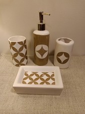 Ceramic Bathroom Accessory Set, 4 Pc., White Tan, Diamond Lattice