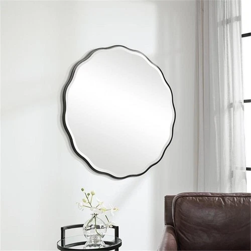 Uttermost Aneta Round Feminine Scalloped Shape Wood Mirror in Satin Black - Picture 5 of 6