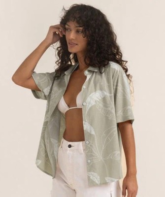 NEW Women's Roark Bless Up Perforated Button Short Sleeve Shirt L Green RRP $120