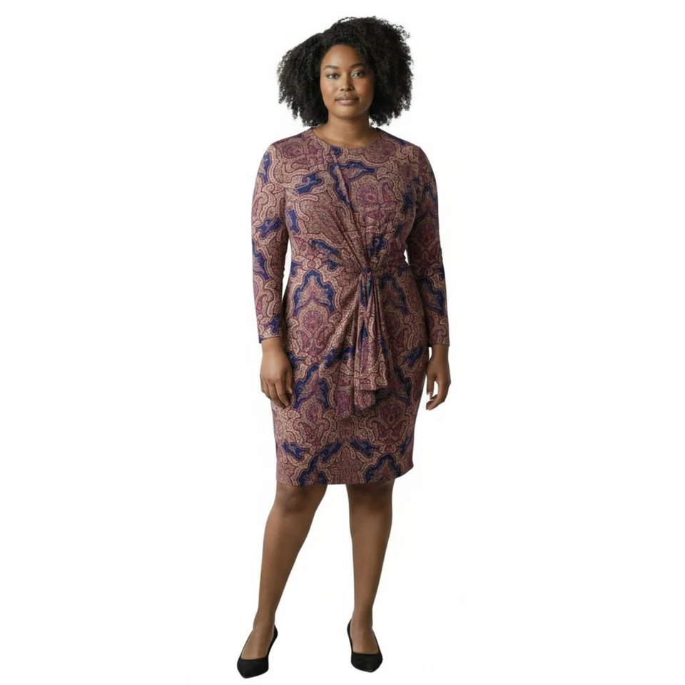 LUISA SPAGNOLI Wool Shift Dress Size 48 US 14 Long Sleeve Paisley Jewel Tones - Image 2 of 4