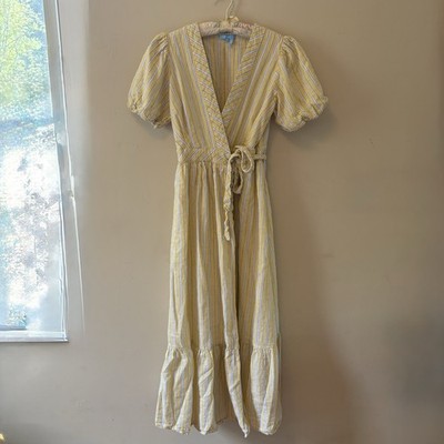 Draper James Womens Dress Size S Puff Sleeve Maxi Wrap Lemon Blue/White Stripe