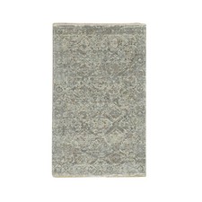 3'x5' Gray Broken Garden Design Hand Knotted Pure Wool Cropped Thin Rug 75758