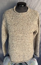 Aran Sweater Market Roll Neck Handmade Brown White Wool Pullover Oatmeal Irish M