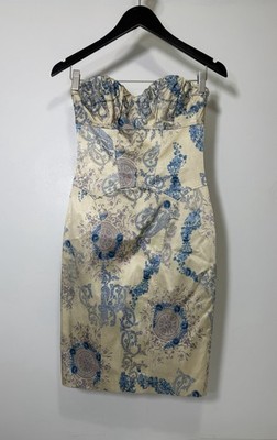 David Meister Strapless Corset Dress Size 2 Beige Blue Paisley
