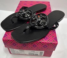 Tory Burch Miller Black Twinkle Suede Embellished Jewel Logo Leather Sandals 7 M