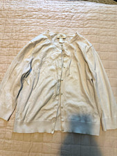 Ann Taylor LOFT White Cotton Knit Button Front Crew Neck Cardigan Sweater M