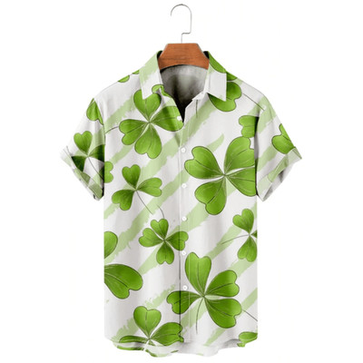Saint Patrick s Day Light Green Lucky Leaf Short Sleeve Hawaiian Shirt
