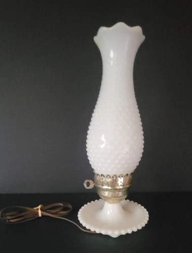 Vintage Hobnail Chimney Milk Glass 1950s Table Lamp 13" Tall 6" Swirl Base