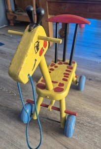 Vintage Wooden Giraffe Ride-On Toy Yellow Red Blue Four Wheels