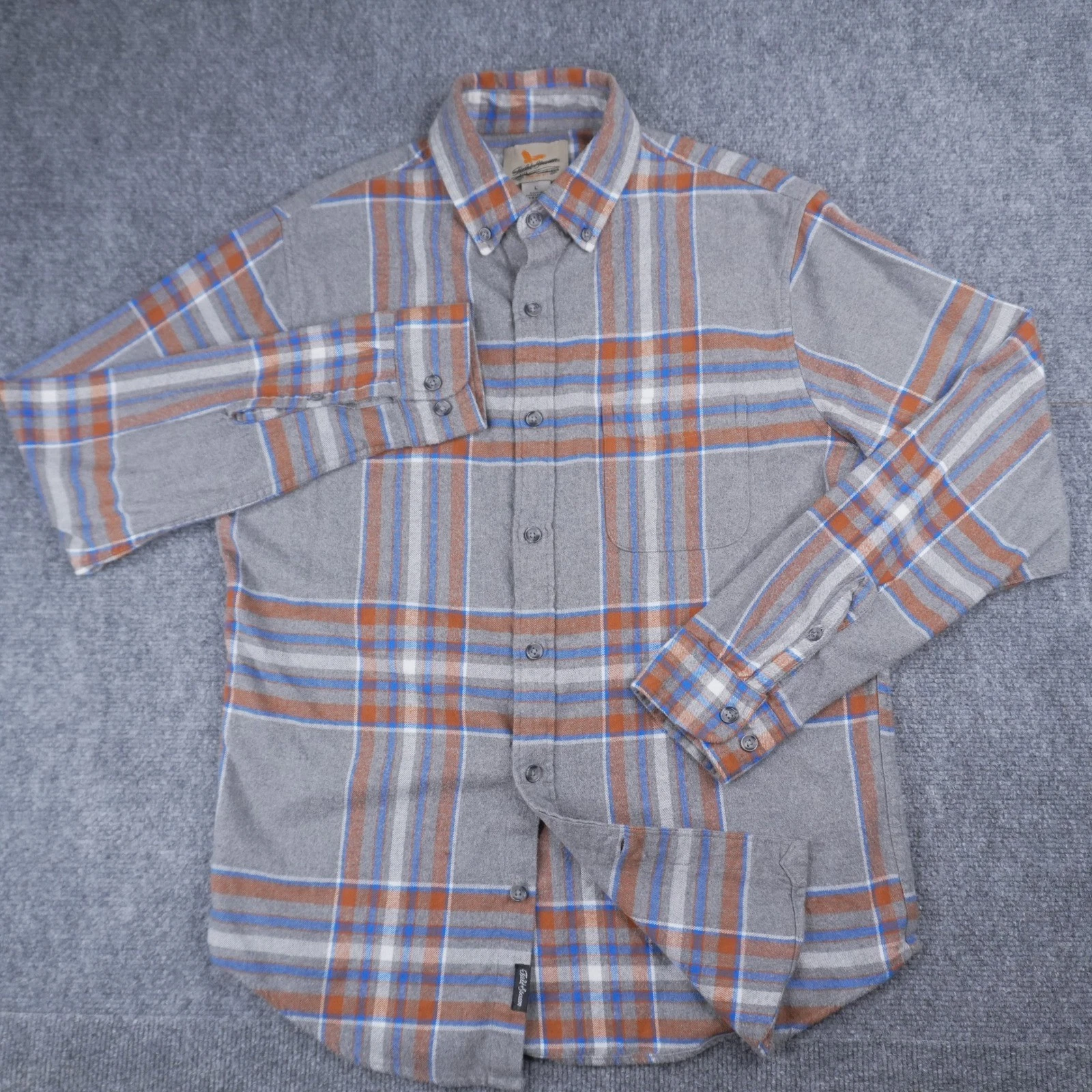 Field Stream Flannel Shirt Mens L Grey Orange Blue Plaid Button Down Long Sleeve