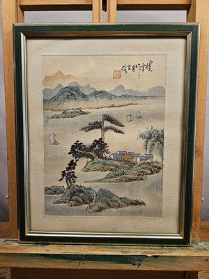 VINTAGE ORIENTALISCHES TUSCHE AQUARELL AUF SEIDE GEMÄLDE CHINESISCHE JAPANISCHE LANDSCHAFT