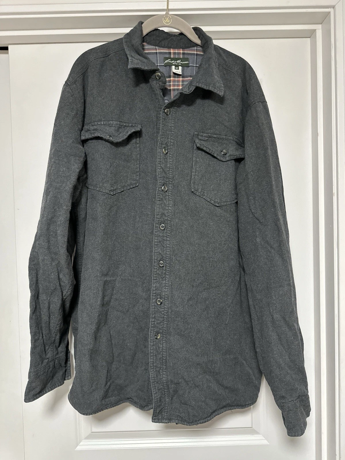 Eddie Bauer, Men's Long Sleeve Button Down Flannel Shirt, Dark Gray, Size XLT