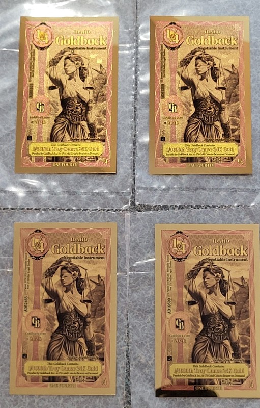 Set Of 4 Idaho 1/4 Goldbacks 1 /4000th 24kt Gold