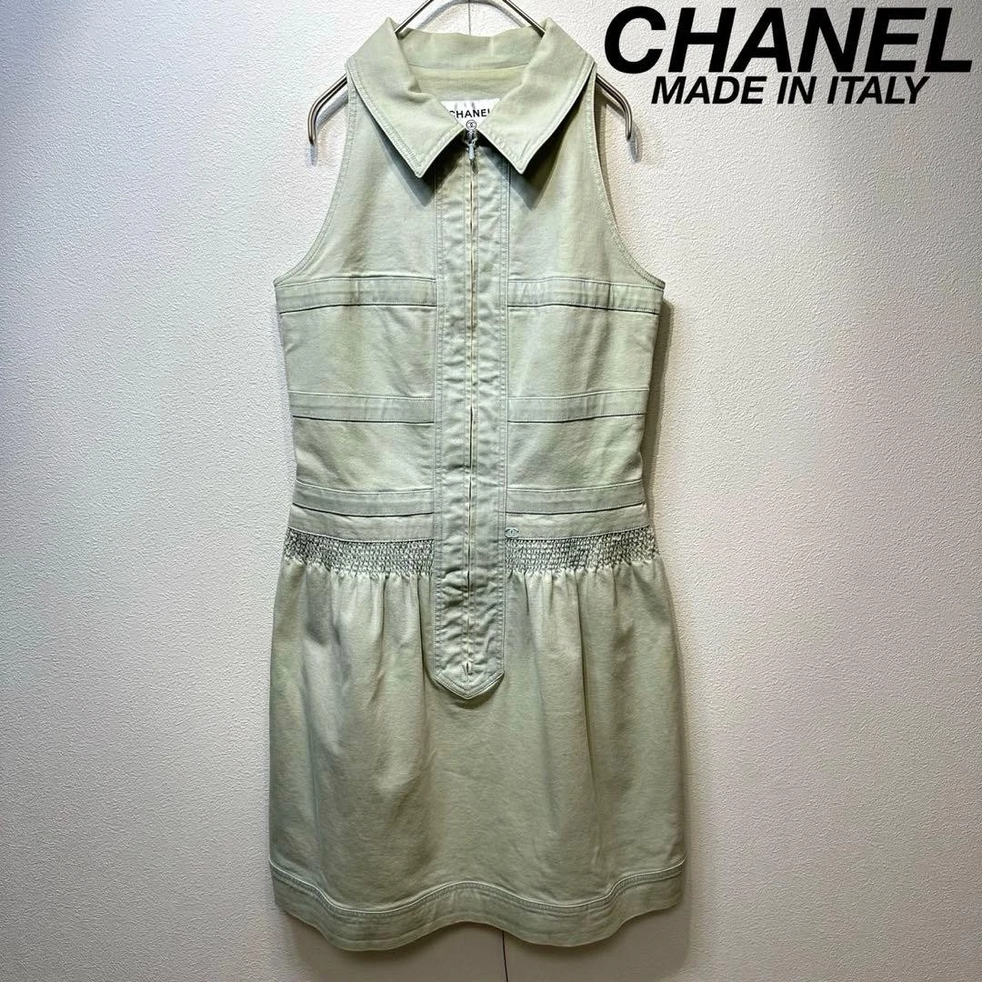 Chanel — Rare CHANEL Coco Mark Gathered Denim Dress Ice Blue Size 40 SR2076