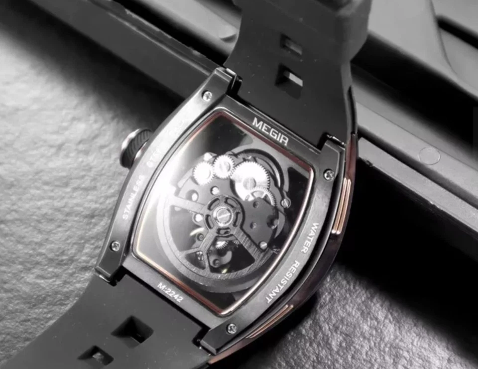 Luxury Watch 316 Stainless Steel Skeleton Automatic Silicone Strap Silver White  - Imagem 4 de 4