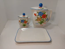 Vintage Art Deco Lidded Pitcher Creamer Tray Orange Blue Poppy Hinode Japan 1930