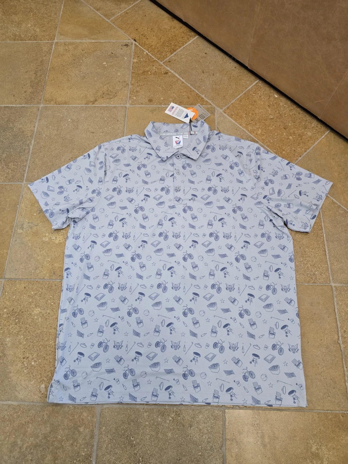 Puma Volition Golf Polo Shirt Men XLarge Gray Block Party All Over BBQ Print UPF