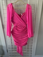 NWT Anrasbess Puff Long Sleeves Cocktail Mini Dress Size S Bodycon Hot Pink