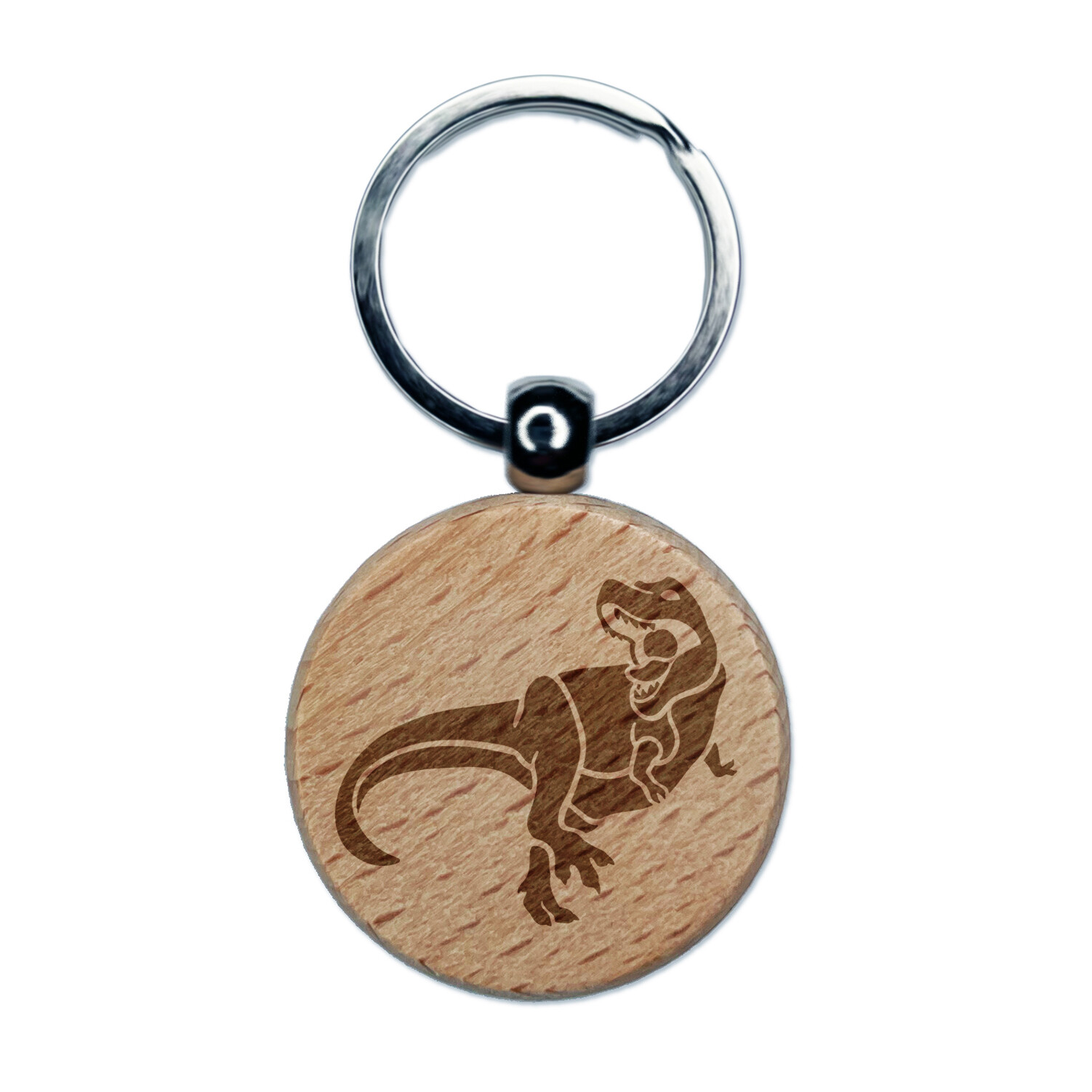Tyrannosaurus Rex Dinosaur Roaring Engraved Wood Round Keychain Tag Charm