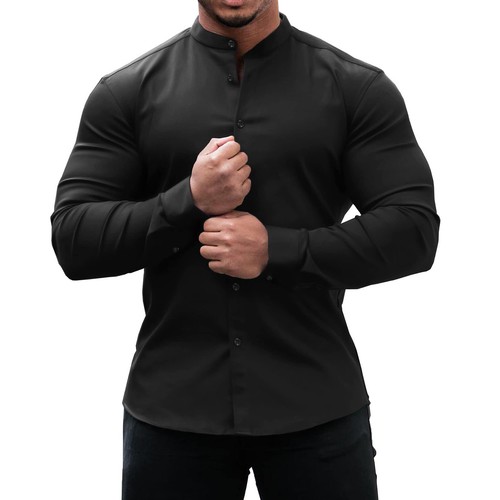Schmale Passform Stretch kragenloses langärmeliges Knopfhemd Muskelkleid Shirts Herren - Bild 9 von 31