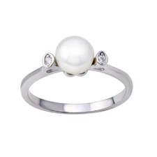 Sterling Silver Ring w/ 6 mm Pearl Cubic Zirconia Stones