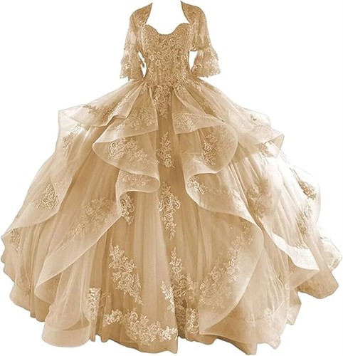 Lace Applique Ruffle Quinceanera Dress Detachable Tulle Sweetheart Ball Gowns - Picture 41 of 42