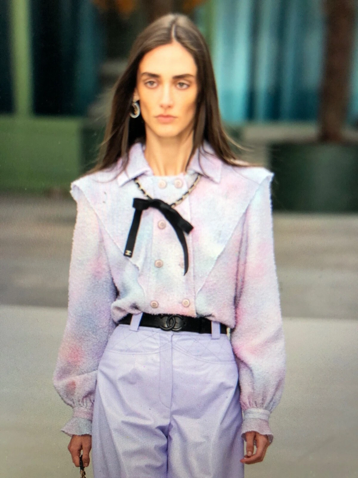 Chanel 20S NUOVO TWEED rosa blu arricciato GIACCA FIOCCO CINTURA CC BOTTONI FR36 38 $8K