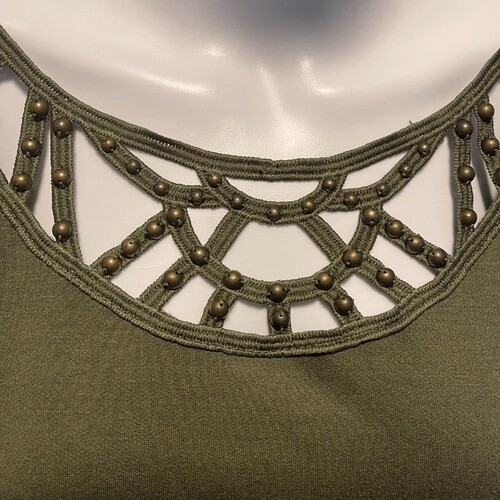 Venus Olive Green Top Beaded Cutout Neckline Balloon Sleeves Casual Boho M - Picture 2 of 7