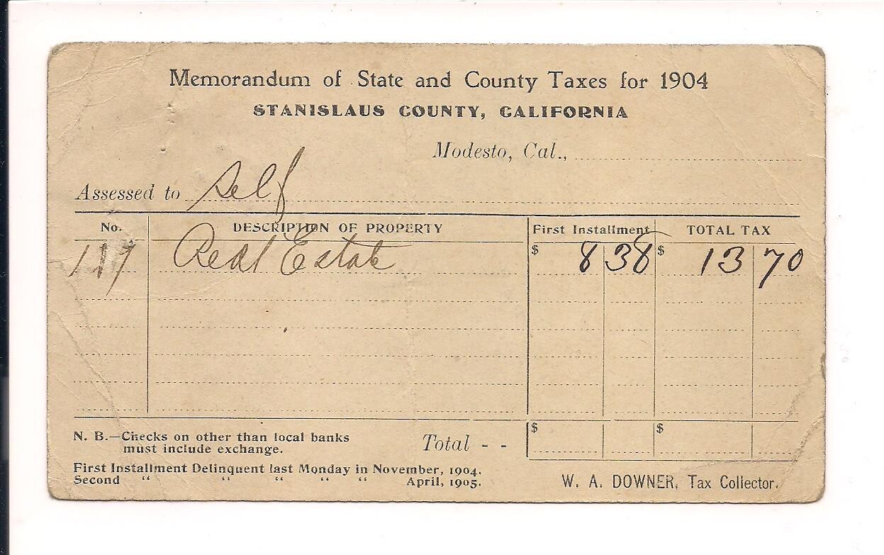 USA POSTAL CARD 1904 Modesto, CA to New York Stanislaus County taxes
