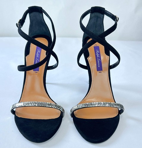 NEW RALPH LAUREN Purple Label Suede Crystal Wrap Around Sandal Heels 37 7 Black - Picture 2 of 13