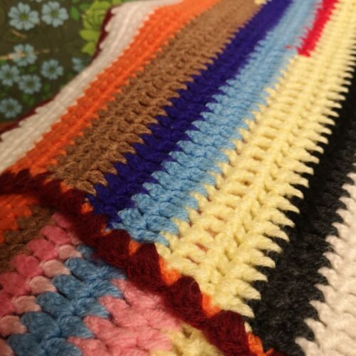 Large Stripy Bright Vintage Knitted Crochet Wool Blanket Throw - Picture 2 of 15