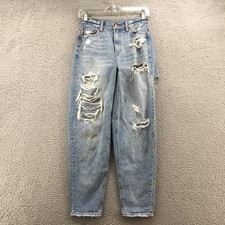 American Eagle Relaxed Mom Jeans Womens 00R actual 26x27.5 Blue Distressed Zip