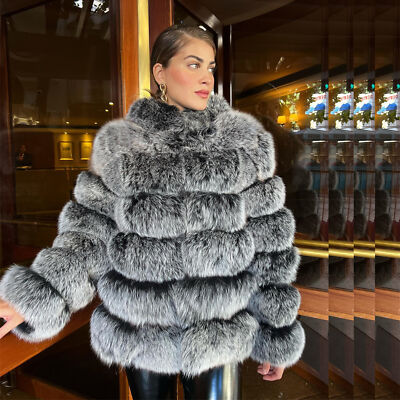 Top Quality Frost Black Real Fox Fur Coats Women Natural Fur