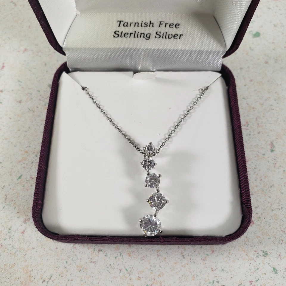Danecraft Sterling Silver Swerved Drop CZ Stones Pendant 18 in. Chain New in Box - Image 3 of 4