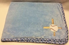Cocalo Boy Baby Blanket Blue Baseball Applique Plaid Trim Binding 32 x 27