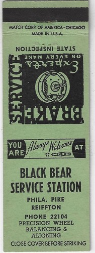 Black Bear Service Station Old Philadelphia Pike PA FS leeres Matchcover