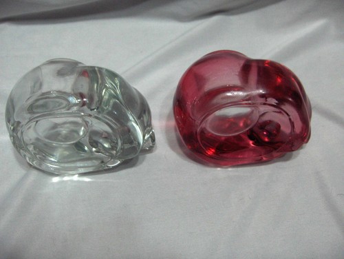 2Vintage Heavy Crystal Glass Cat Candle Holders Trinket Bowls Pink & Clear NICE - Picture 5 of 5