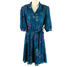 California Looks Vintage Floral Tie Waist Dress 3/4 Sleeve Career 80s Secretary