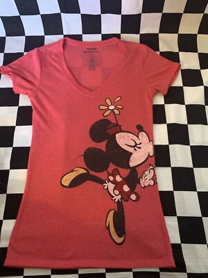Disney Logo MINNIE MICKEY MOUSE KISS T-Shirt PINK Shirt V