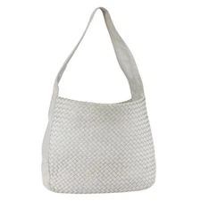 BOTTEGA VENETA INTRECCIATO Shoulder Bag Leather White Silver Auth bs30958