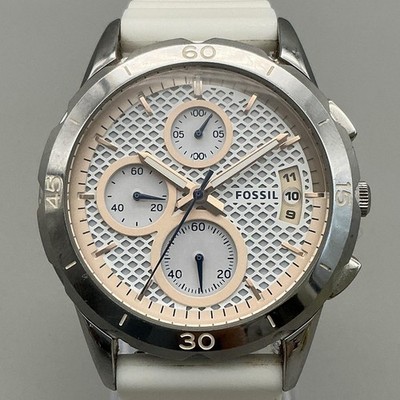 Fossil Womens Watch 39mm White Dial Silicone Chronograph ES4024 New Battery