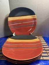 Home Trends Bazaar Red Dinner Plates 10 3/4" Square Black Red Tan Stripes Set 4