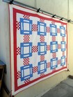 Vtg 30's 40's Square in Square w Red postage stamp Quilt hand stitched Red Blue — photo 5