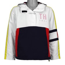 Tommy Hilfiger Mens M White Navy Red 1985 Colorblock Hooded Windbreaker Jacket