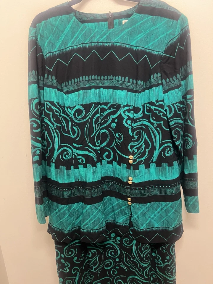 Винтажный 90-х куртка и юбка костюм женщин бирюзовый черный опрятный золотой кнопка размер 18 - Изображение 4 из 4