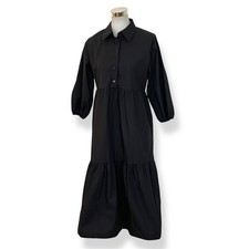Quince Size S 100% Organic Cotton Poplin Midi Tunic Dress Black Tiered Pockets