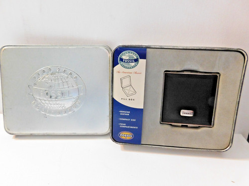 Fossil Black Leather 4 Compartment Pill Box and Tin NOS Vintage 1999