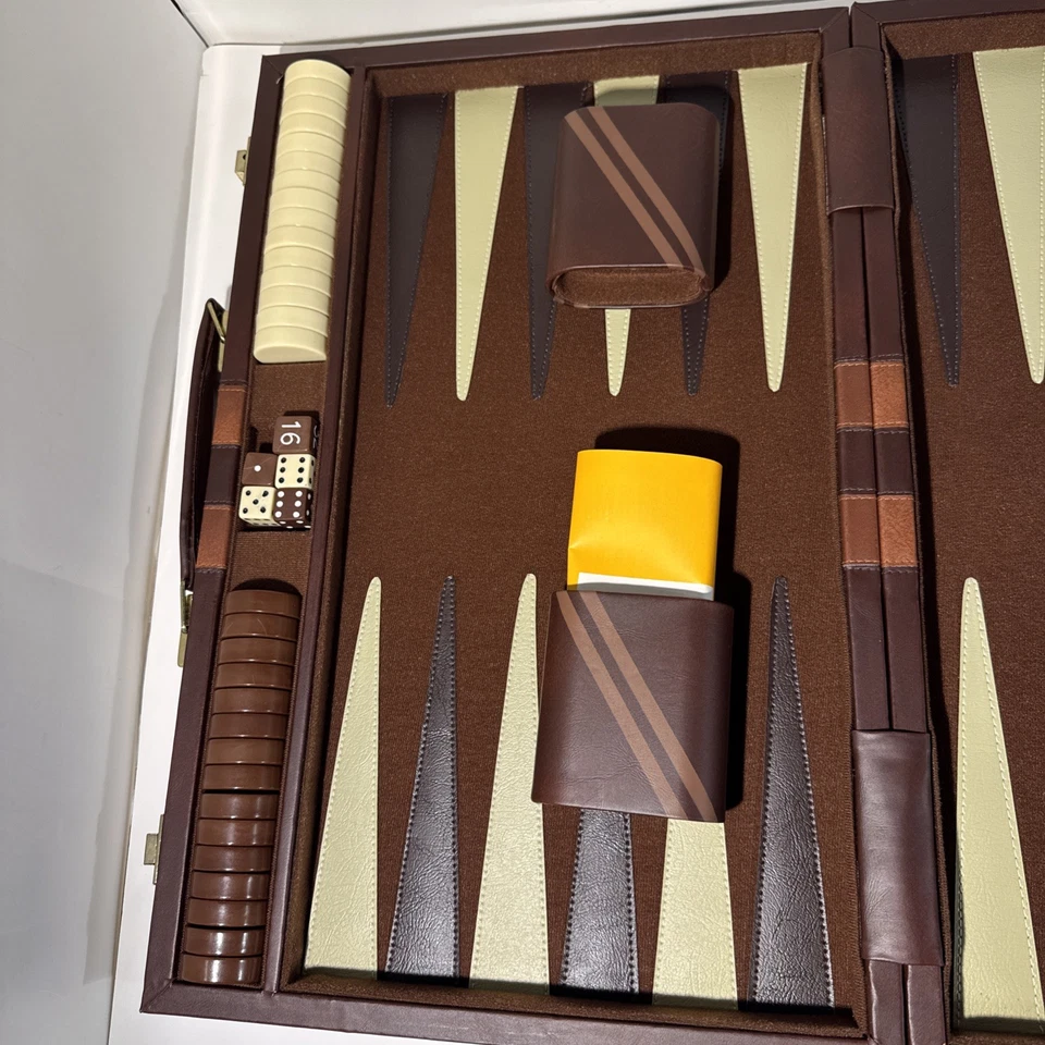 Backgammon Set 1980s Taiwan Deluxe Faux Leather 18” Vintage Complete Case New - Image 4 of 4