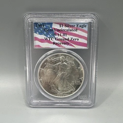 1993 $1 SILVER EAGLE PCGS GEM UNCIRCULATED WORLD TRADE CENTER WTC RECOVERY 9/11