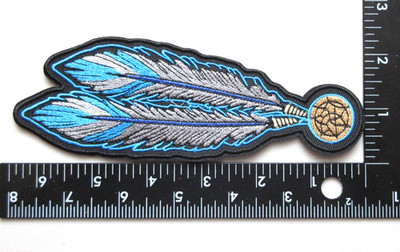  FEATHERS INDIAN TRIBAL NATIVE FEATHER-SHAPED BLUE EMBROIDERED IRON ON PATCH